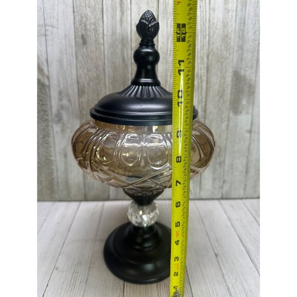 Vtg Decorative Brown Amber Swirl Glass Bowl W/Metal Pedestal & Lid 12.5" Tall - Picture 11 of 14